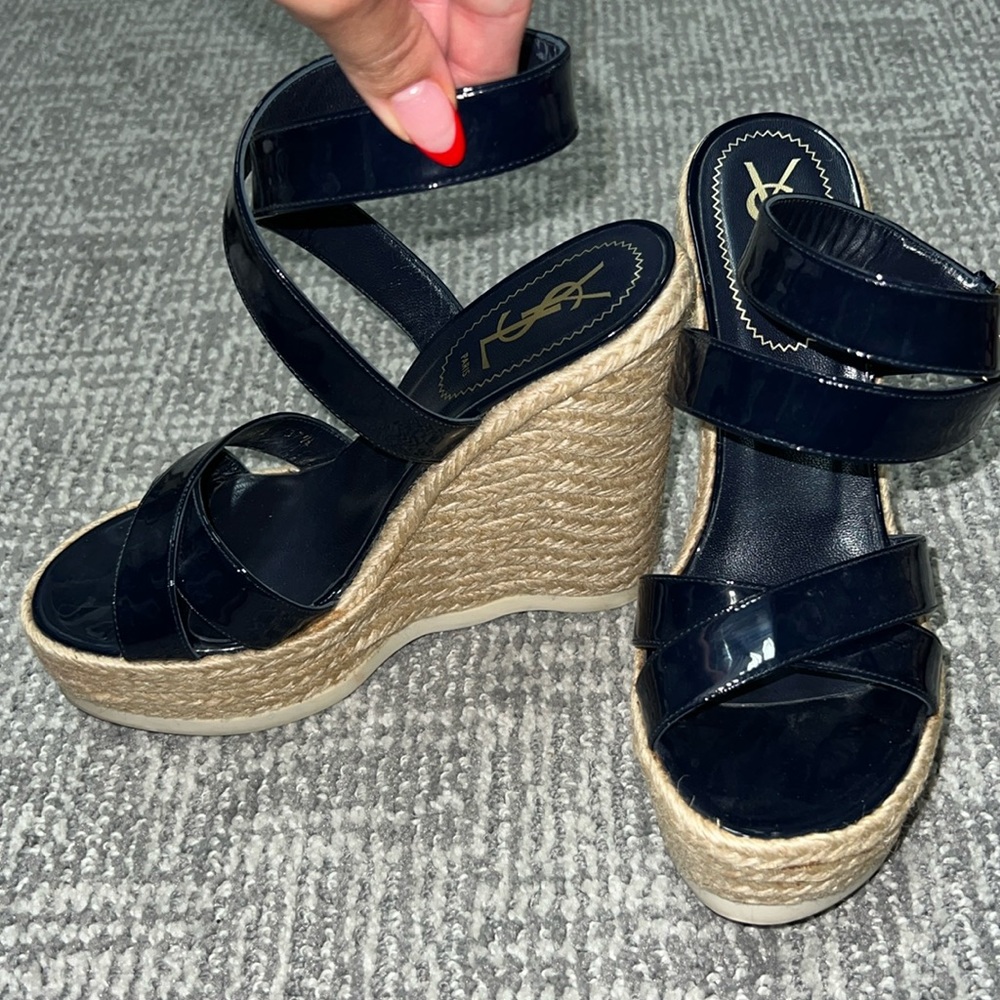 Stunning navy blue patent leather YSL wedges . Worn once